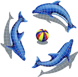 Artistry In Mosaics Dolphin Group Shadow (1 Free Multi Color Ball) Porcelain Pool Design 67" x 67"